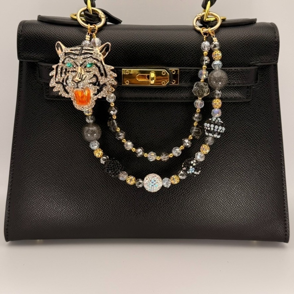 Black Tiger Bag Charm Glow Beaded Purse Charm Rhinestone Keychain Crystal Gold